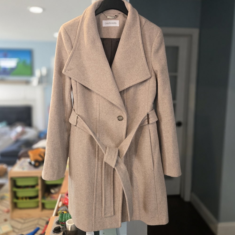 Calvin Klein Women's L Beige Wool Blend Wrap Coat